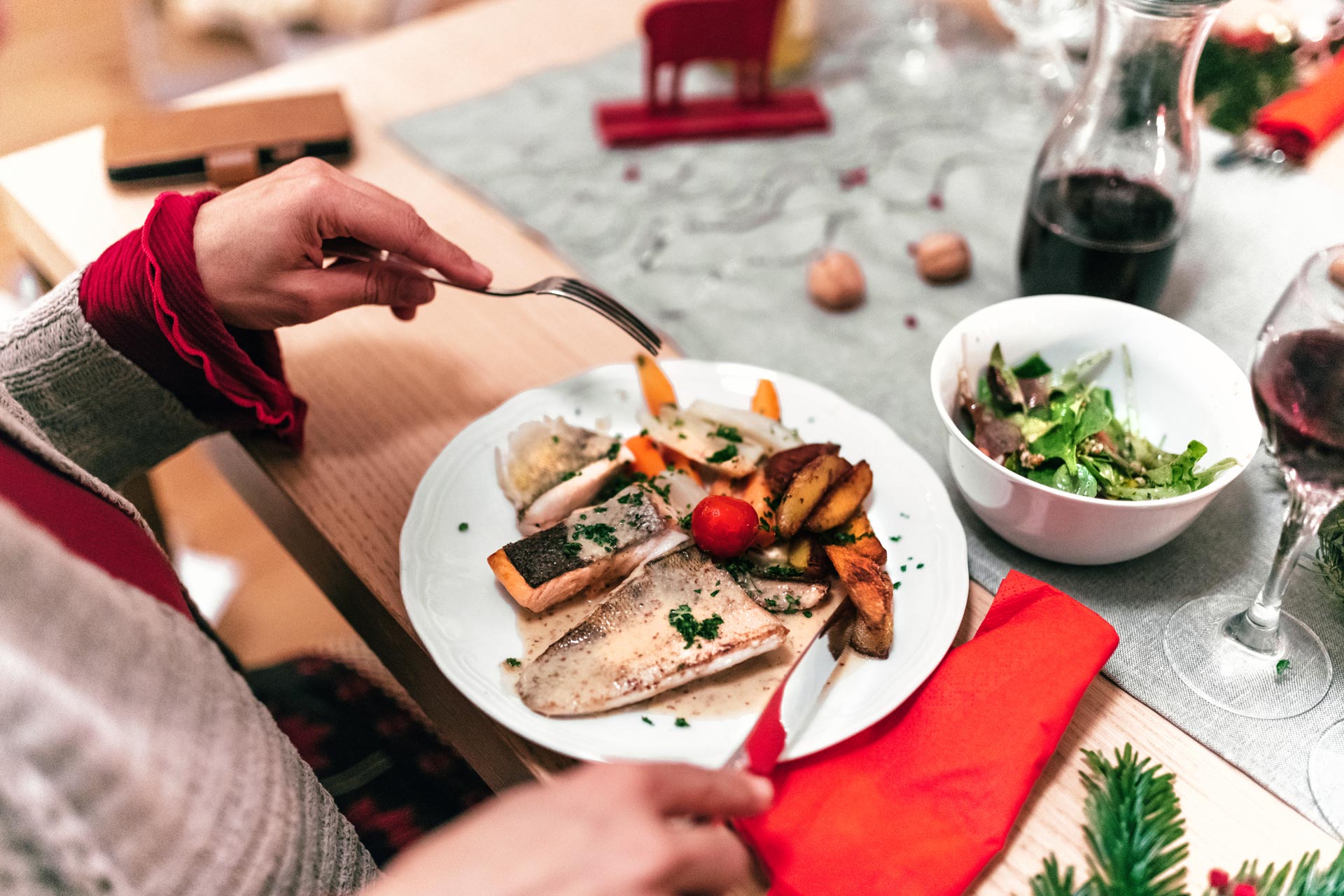 dining fish at christmas table